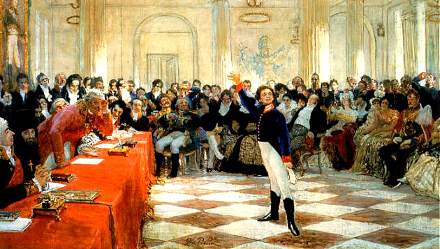 Alexander Sergeyevich Pushkin recites his poem before Gavrila Derzhavin during the Tsarskoye Selo Lyceum exam on January 8th